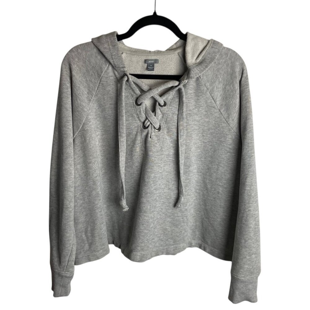 Aerie Size Med Boxy Oversized Hoodie Sweatshirt Lace Up Grey Casual Loungewear